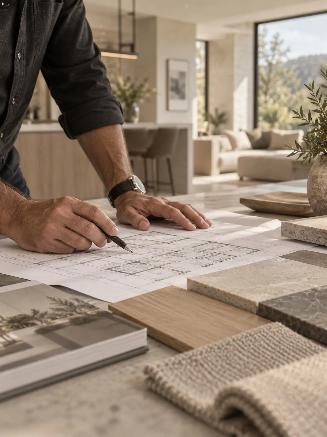 Close-up of hands reviewing house plans alongside wood, stone, and fabric material samples